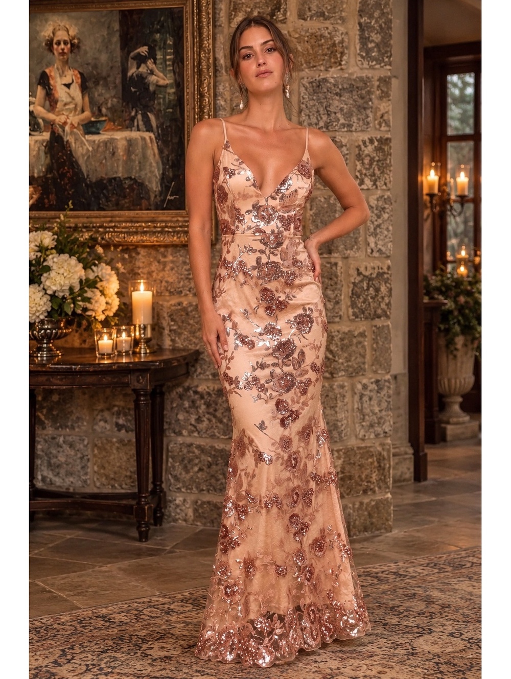 NWT Lulus Shine Language Rose Gold Sequin Mermaid Maxi Dress Medium